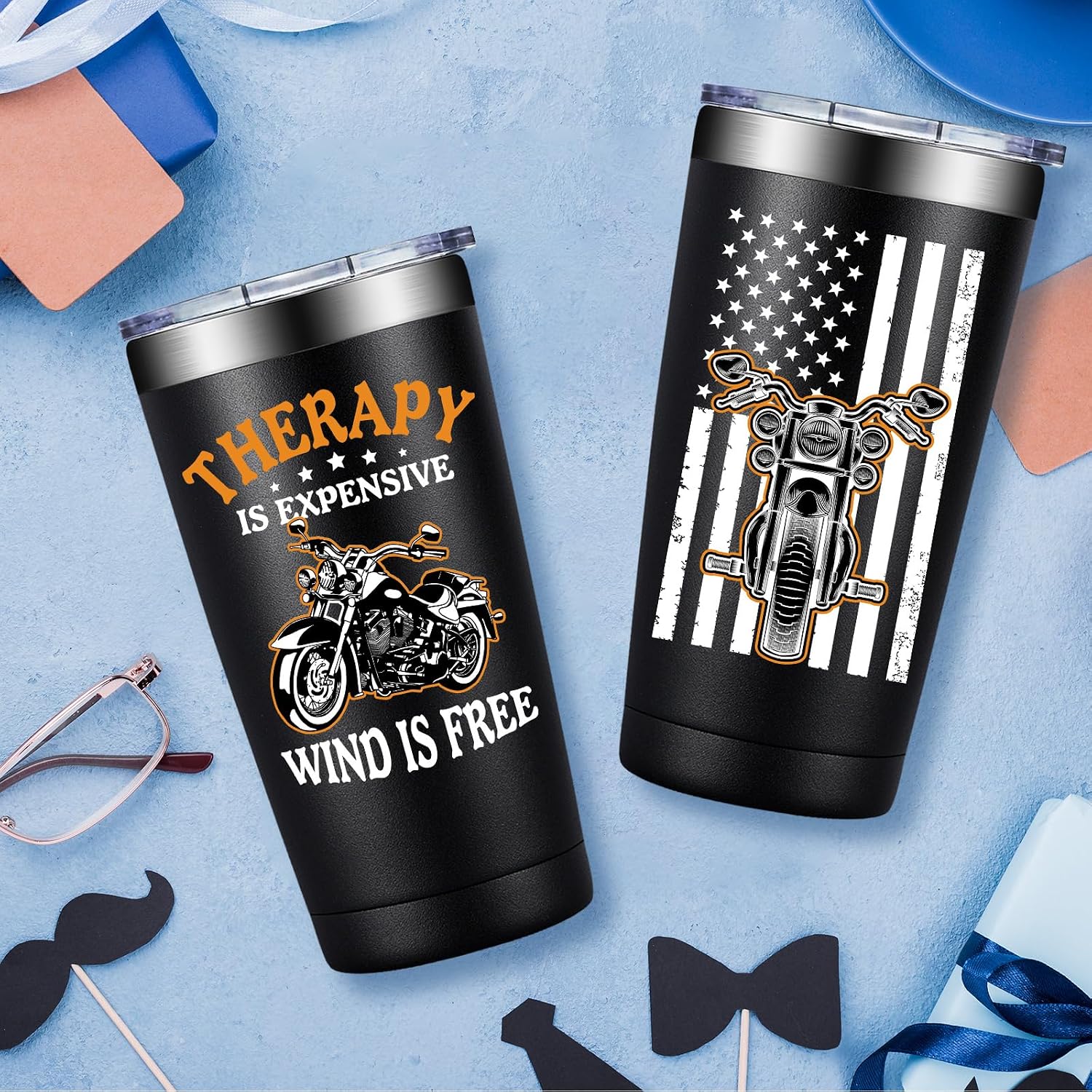 Fufandi Motorcycle Gifts for Men - Therapy Is Expensive Wind Is Free Motorcycle Gifts Tumbler - Christmas Fathers Day Gift for Motorcycle Lovers, Dad, Boyfriend - Tumbler Cup 20oz