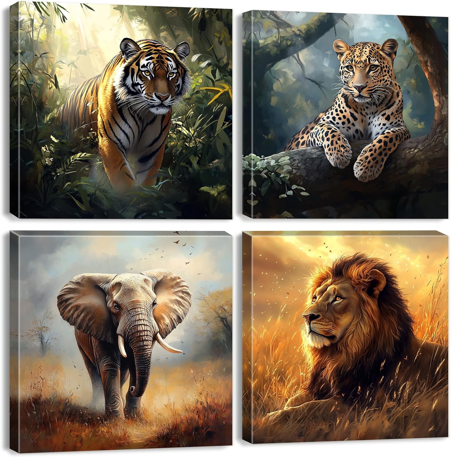 Wildlife Animals Canvas Wall Art Safari Wall Decor for Living Room Nursery Abstract Elephant Lion Pictures Wild Tiger Panther Poster Modern Artwork for Bathroom Bedroom Home Decoration 16x16” 4P