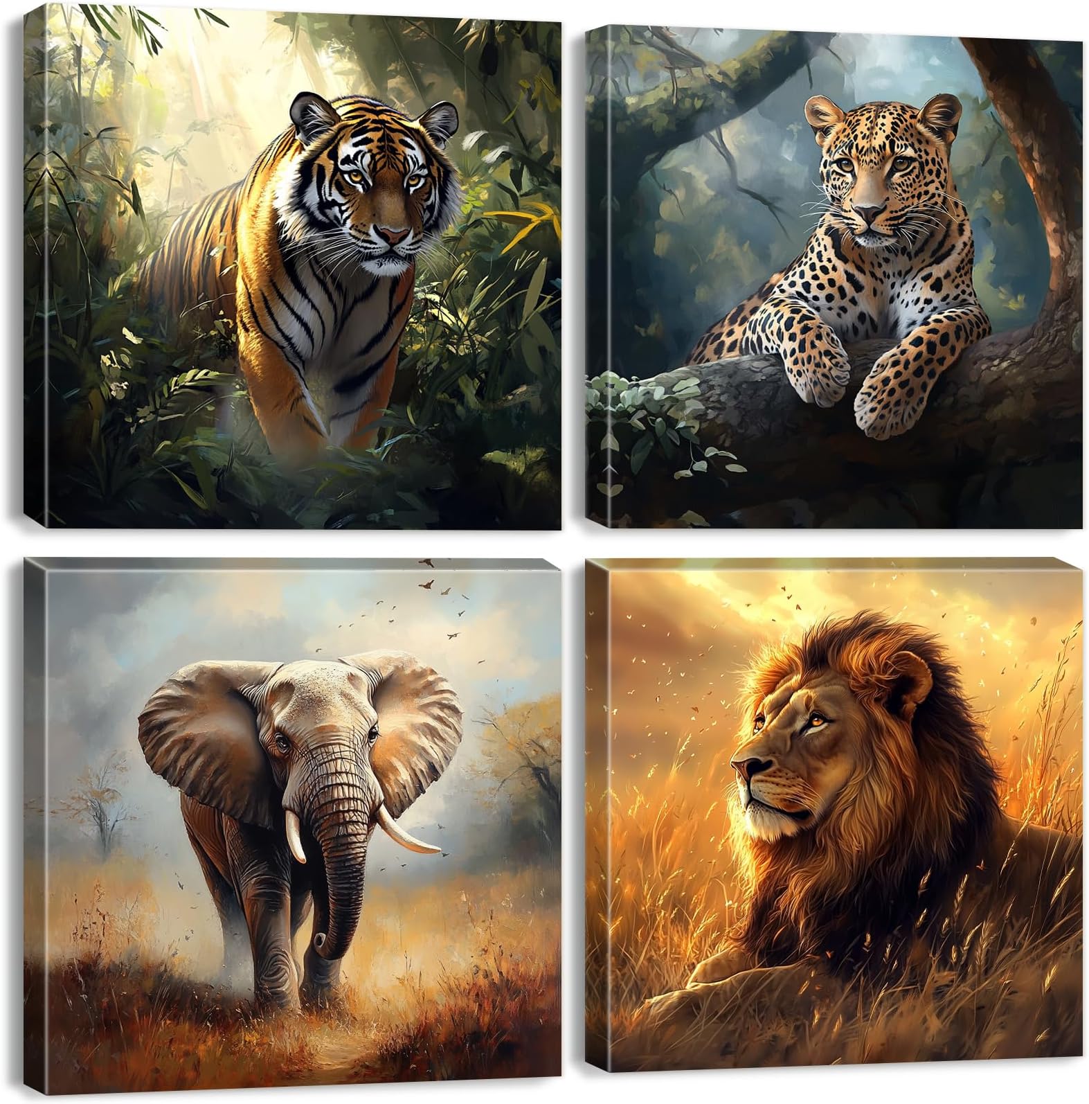 Wild Animal Lion Wall Art Wildlife Safari Wall Decor for Nursery Vintage African Elephant Canvas Pictures Tiger Panther Posters Jungle Forest Animals Paintings Artwork Living Room Decoration 12x12" 4P