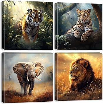 Wild Animal Lion Wall Art Wildlife Safari Wall Decor for Nursery Vintage African Elephant Canvas Pictures Tiger Panther Posters Jungle Forest Animals Paintings Artwork Living Room Decoration 12x12" 4P