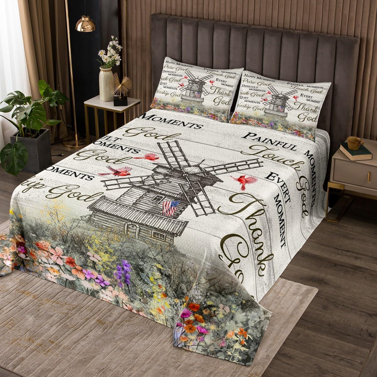 Rustic Windmill Farmhouse Quilt Set Queen Size,Hummingbird Farm Cow Coverlet Set Rooster Cabin Country Lodge Bedspread Set Windmill Decor Vintage Barn Door Wooden Plank Bedding Set, 2 Pillow Cases
