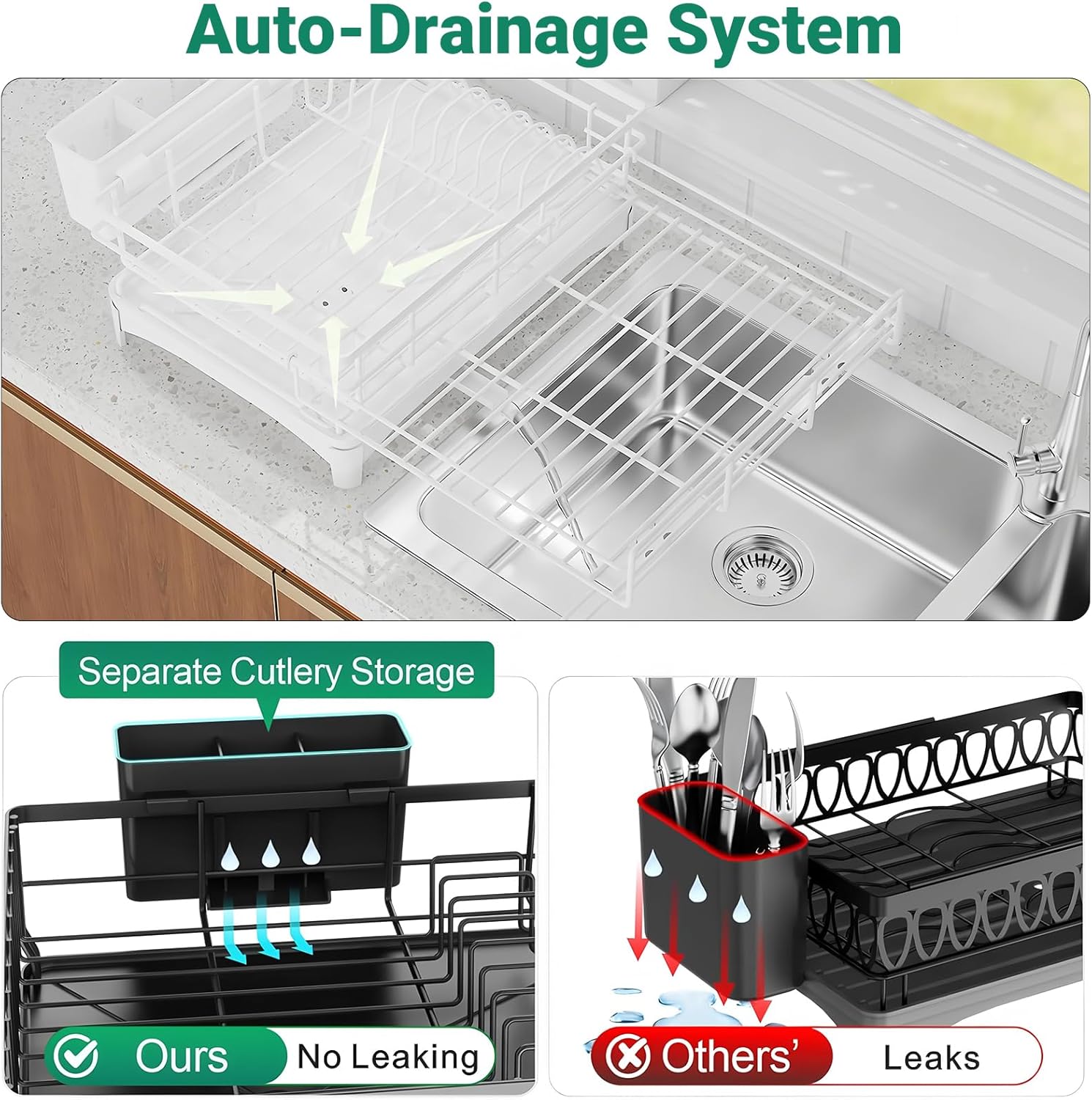 Expandable Over Sink Dish Drying Rack – Foldable Stainless Steel Kitchen Organizer with Utensil Holder, Space-Saving & Rustproof (White)
