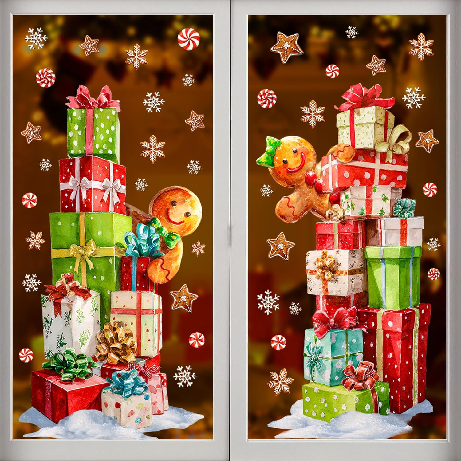 Christmas Window Clings Decorations: 2 Sheets Extra Large Stacked Gift Boxes Gingerbread Man Window Clings, Rustic Brown Gingerbread Snowflakes Xmas Decals for Home Office Holiday Party Décor Christmas Window Clings Decorations: 2 Sheets Extra Large Stacked Gift Boxes Gingerbread Man Window Clings, Rustic Brown Gingerbread Snowflakes Xmas Decals for Home Office Holiday Party Décor