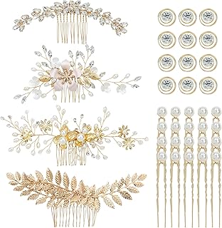 inSowni 36 Pack Gold Flower Leaf Bridal Wedding Hair Side Combs+U-shaped Pearl Hair Pins+Spiral