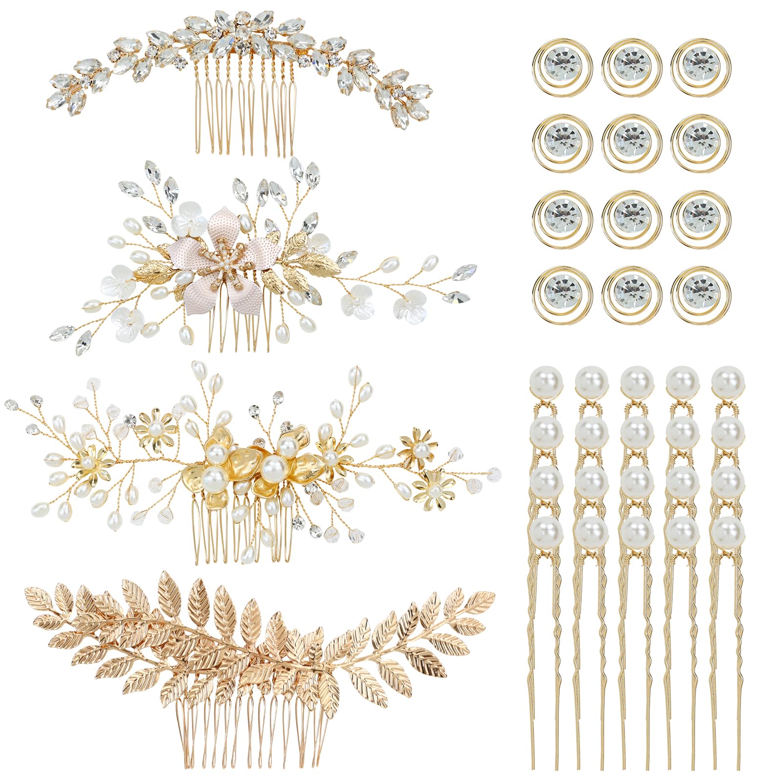 inSowni 36 Pack Gold Flower Leaf Bridal Wedding Hair Side Combs+U-shaped Pearl Hair Pins+Spiral Rhinestone Hair Clips Barrettes Prom Headpieces Hair