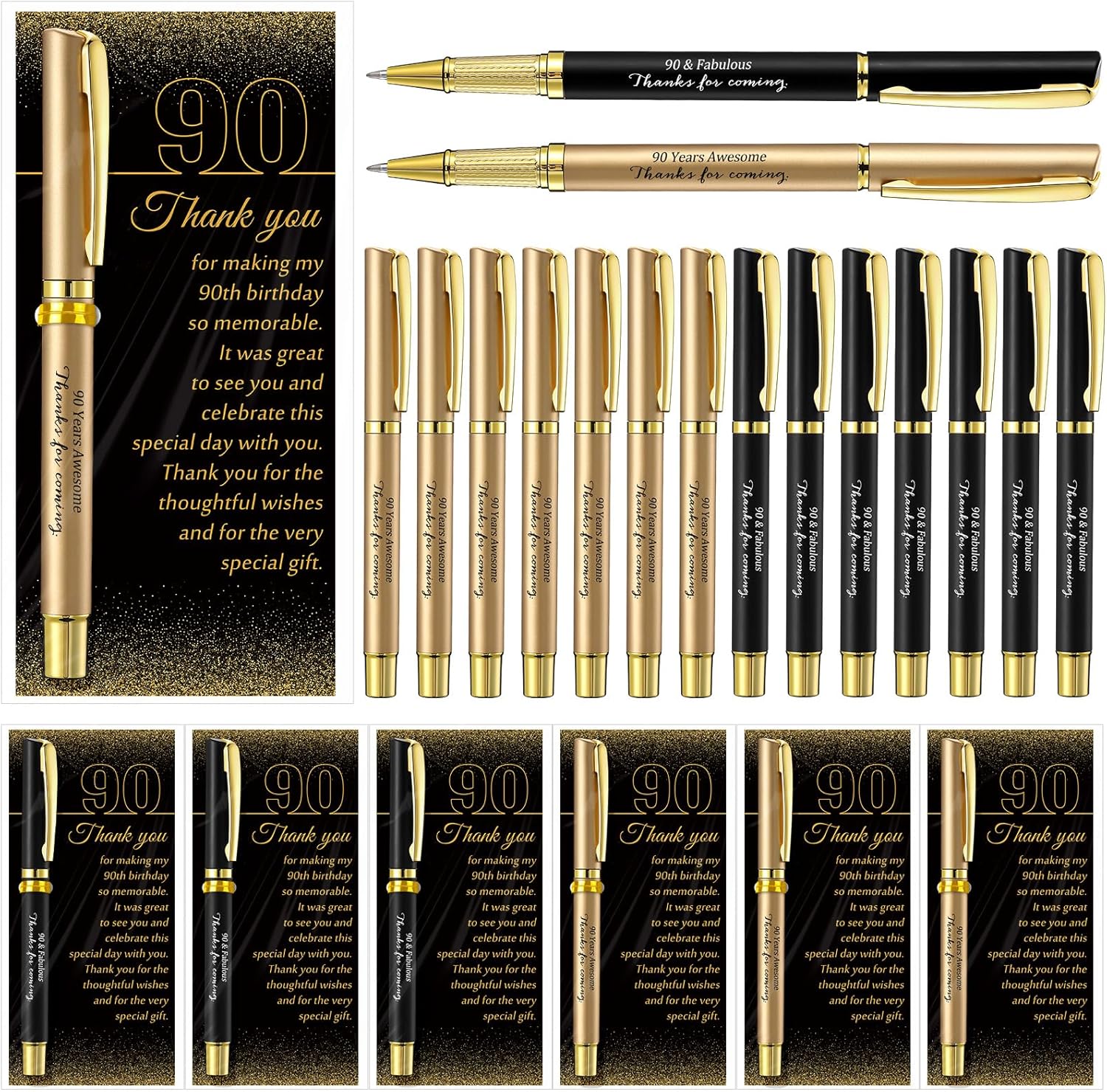 Feifeiya 50 Set 50th Birthday Party Favor for Guest Anniversary Party Favor with Black and Gold Ballpoint Pens and Thank You Cards for Women Men Birthday Anniversary Appreciation Gifts