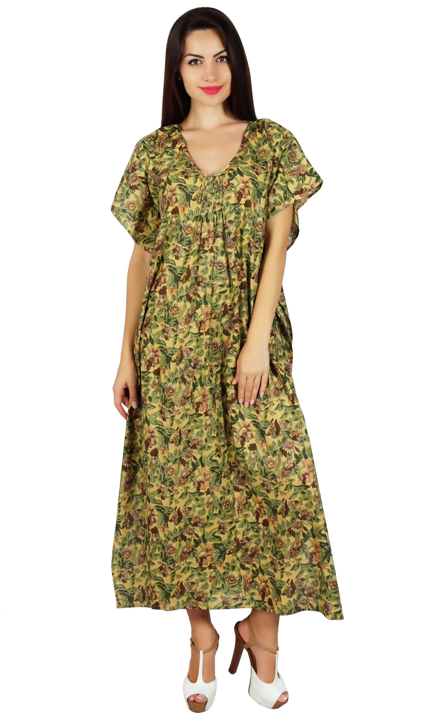 Bimba Women Long Printed Maxi Kaftan Cotton Night Wear Caftan Gown Coverup Green