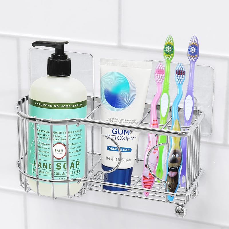 Simple Houseware Stainless Steel 6 Slots Adhesive Wall Toothbrush Holder | (3.4" D x 7.8" L x 3.8" H)