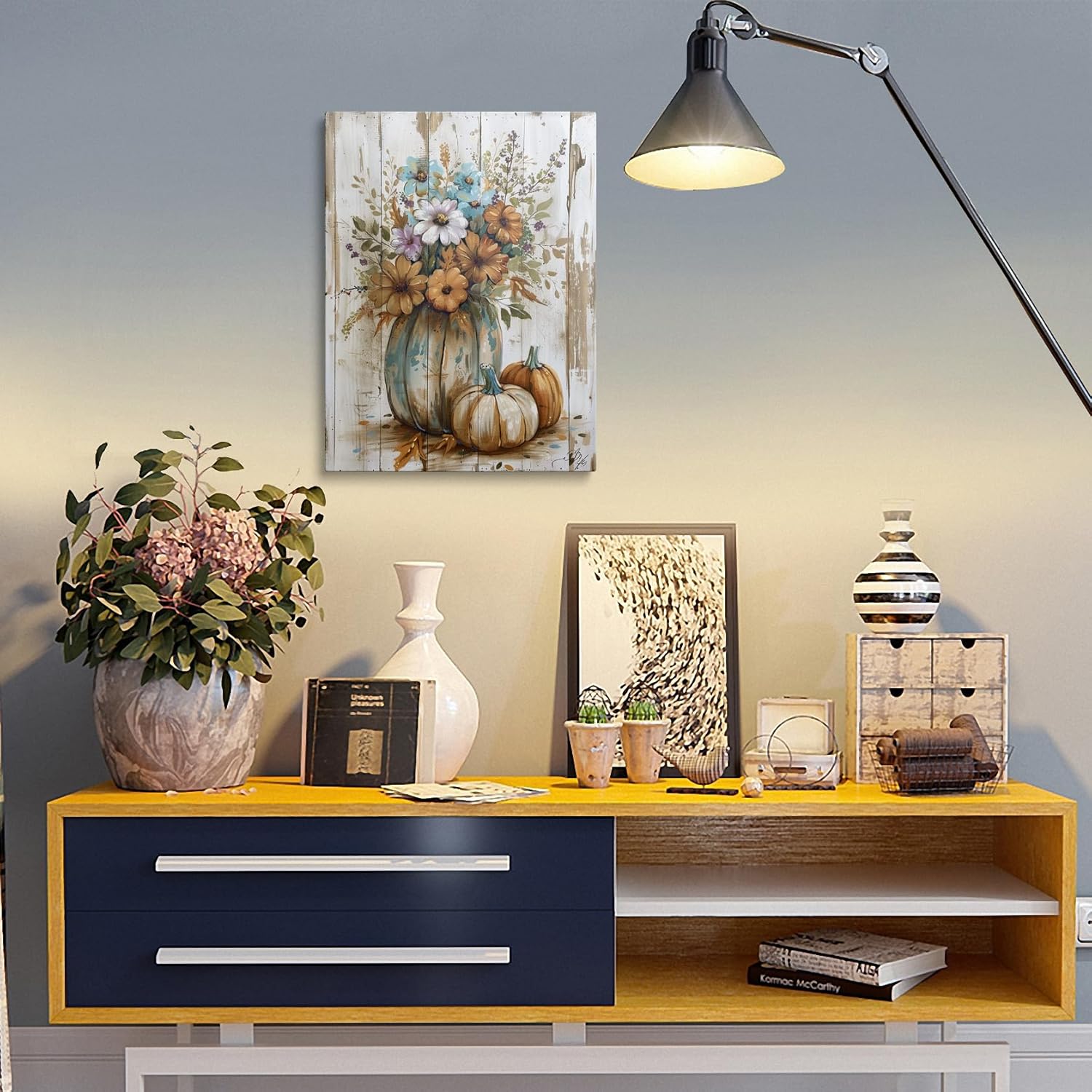 Retro Autumn Pumpkin Floral Picture Wall Decor Framed Fall Flower Halloween Canvas Wall Art Rustic Prints Poster Farmhouse Country Painting for Living Room Bathroom Kitchen Home Artwork (12"x16")