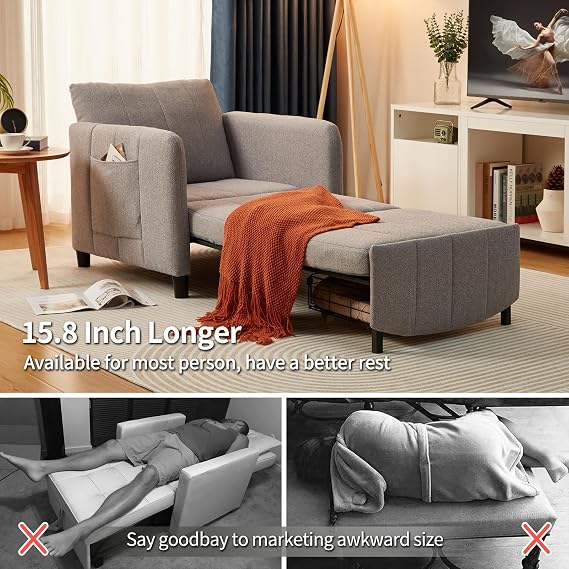 ZZW Sleeper Chair, 84 Extra Long Convertible Chair Bed, Upgraded 3-in-1 to 4-in-1 Pull Out Chair & Single Sofa Bed for Adult, Sleeping Chair for Living Room, Small Space (Light Grey)