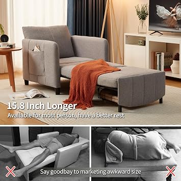 ZZW Sleeper Chair, 84 Extra Long Convertible Chair Bed, Upgraded 3-in-1 to 4-in-1 Pull Out Chair & Single Sofa Bed for Adult, Sleeping Chair for Living Room, Small Space (Light Grey)