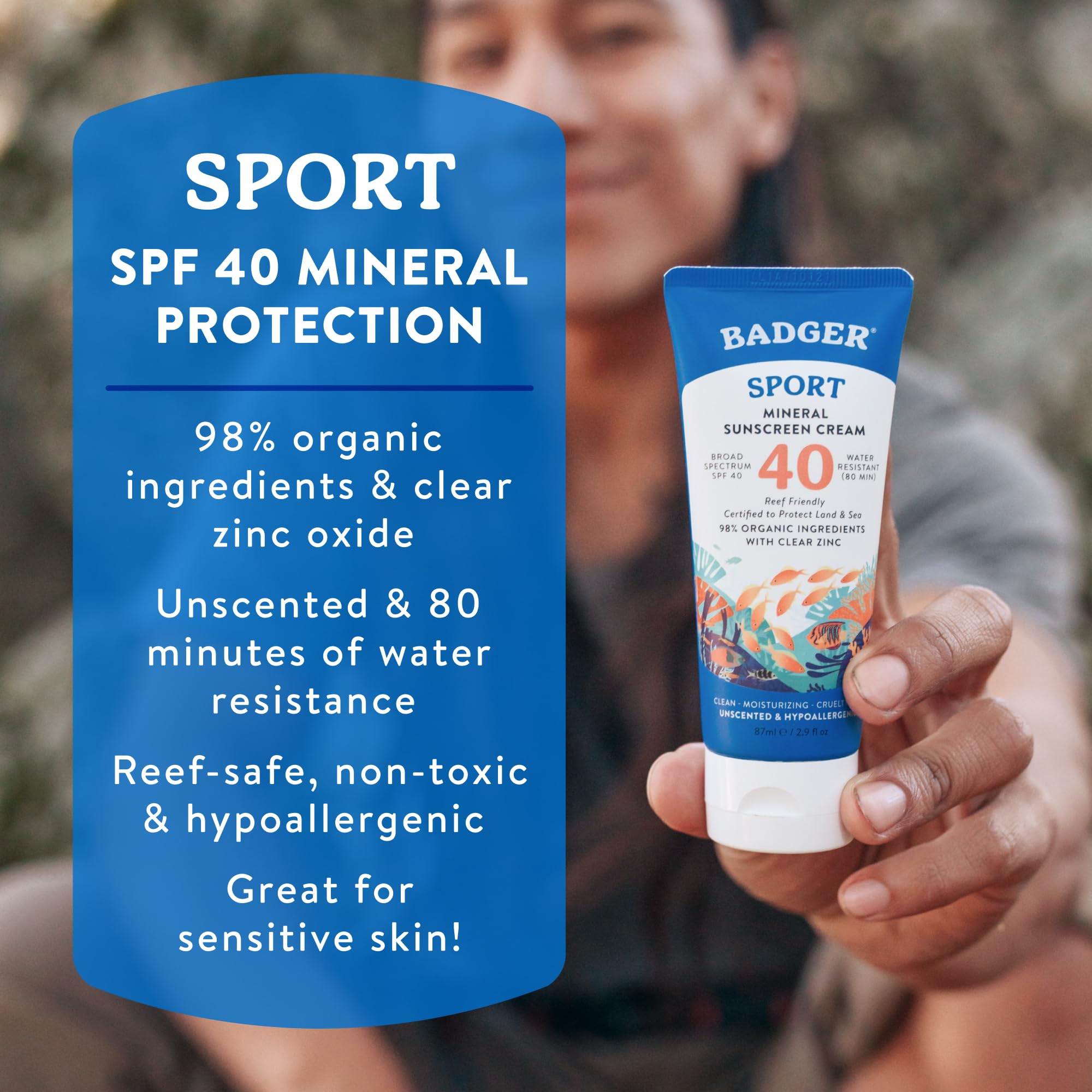 Badger Sport Mineral Sunscreen SPF 40, tlenek cynku, bezpieczny dla rafy | 98% organiczny, tlenek cynku, wodoodporny, zgodny z ustawą o rafie hawajskiej, bezzapachowy, sportowy filtr przeciwsłoneczny