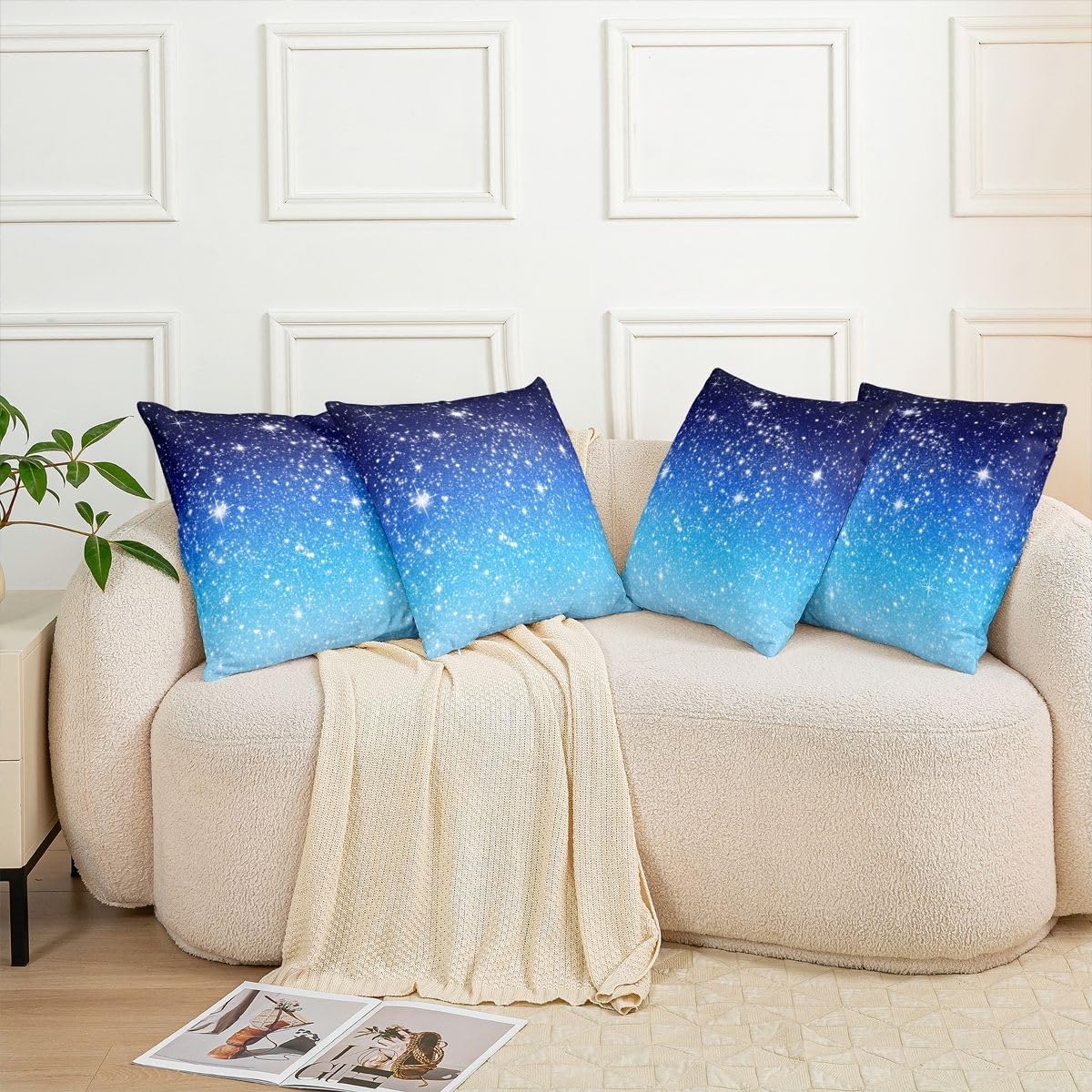 Feelyou Glitter Print (No Glitter) Blue White Throw Pillow Covers 24"x24" Set of 2 Soft Pillow Cases Cushion Covers for Living Room Fantasy Decor Throw Pillowcases for Sofa