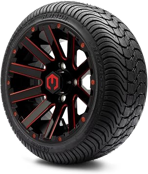 MODZ Mauler Red and Black with Ball Mill 12" Golf Cart Wheels and Arisun Cruze 215/35-12 DOT Low Profile Golf Cart Tires Combo - Set of 4