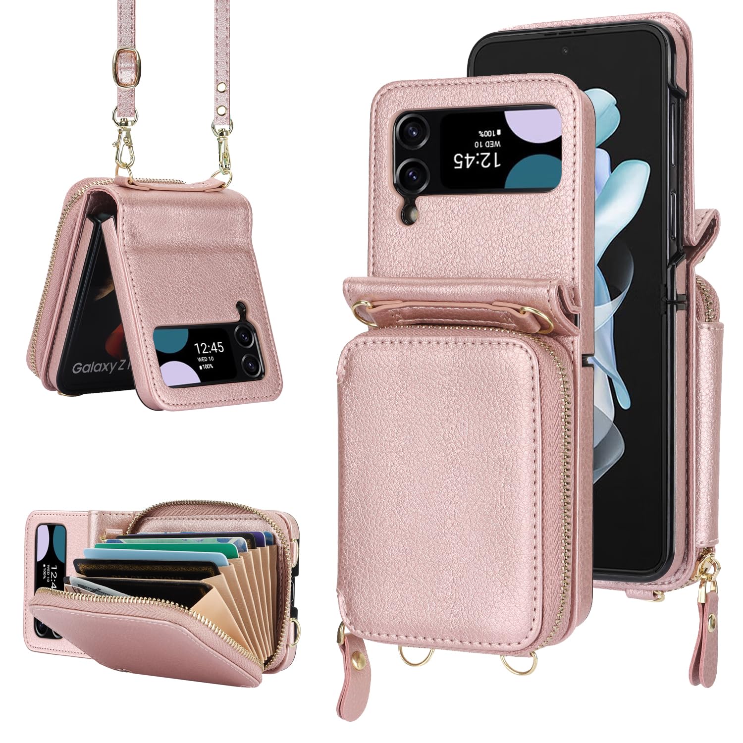 Asuwish Phone Case for Samsung Galaxy Z Flip 3 5G 2021 Wallet Cover with Credit Card Holder Zipper Shoulder Crossbody Strap Lanyard RFID Blocking Cell