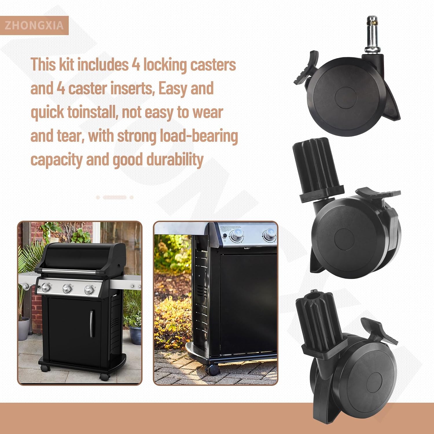 4 Set 70360 Locking Caster With Insert Compatible With Weber Spirit Grills (2009-2012), Genesis (2007-2011), Summit (2007-2011), 300 Series, 200 Series, E400, E600