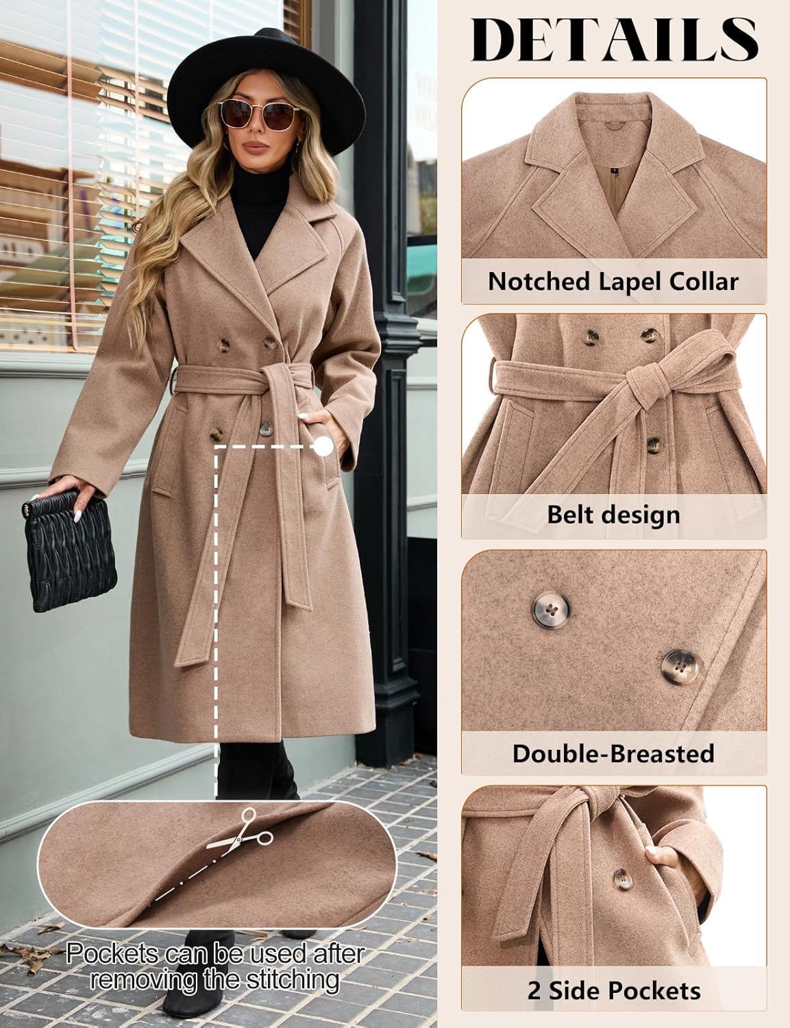 Women's Elegant Pea Coat Lapel Collar Double Breasted Trench Jacket Fall Slim Long Outerwear with Belt Pockets - Image 4