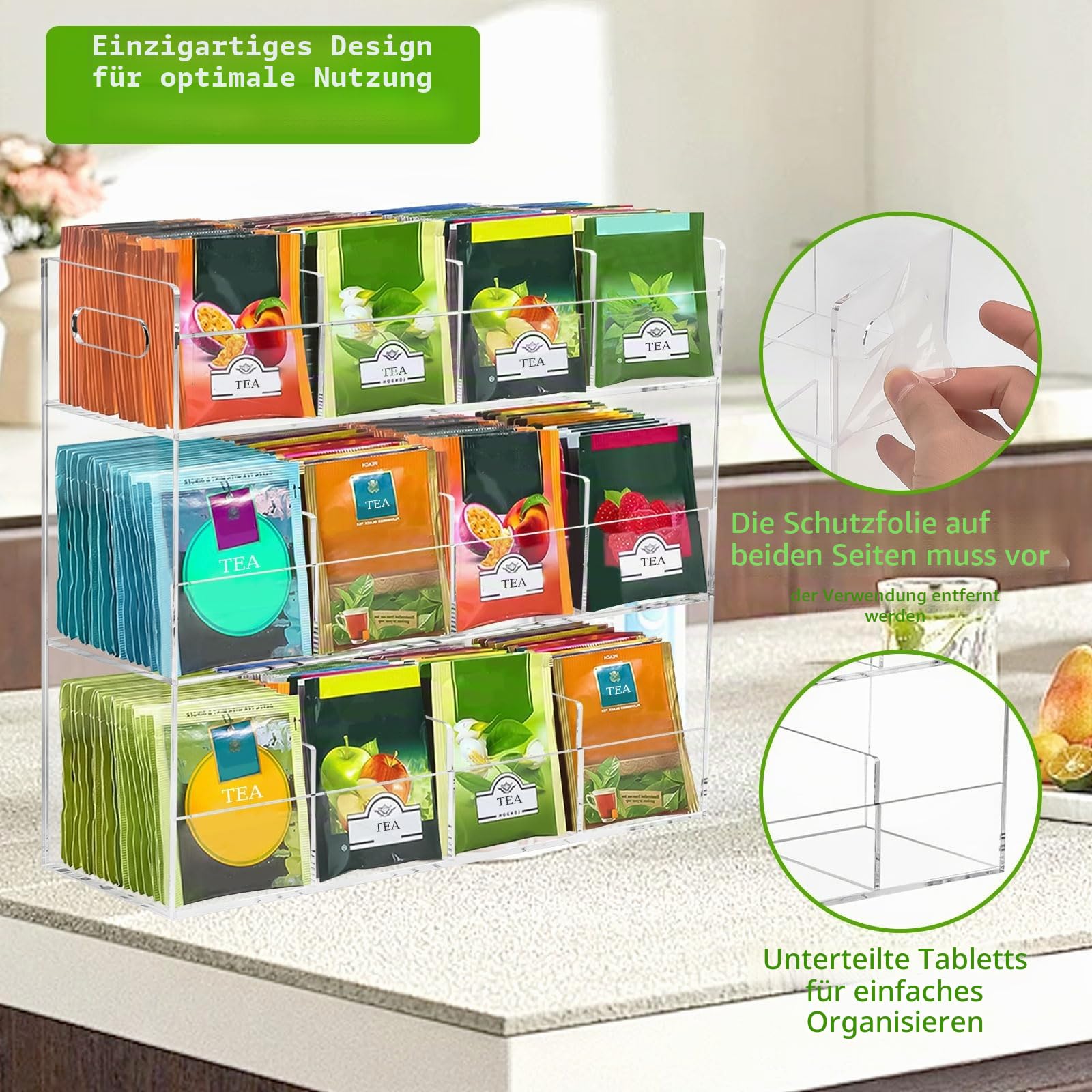 Teebeutel Organizer aus Acryl, 3 Stufiger Teebeutelhalter für 216 Teebeutel | 12 Fächern Teeboxen, Transparente Tee Aufbewahrung für Arbeitsplatten, Platzsparend, Keine Montage Erforderlich, 30x10x26cm