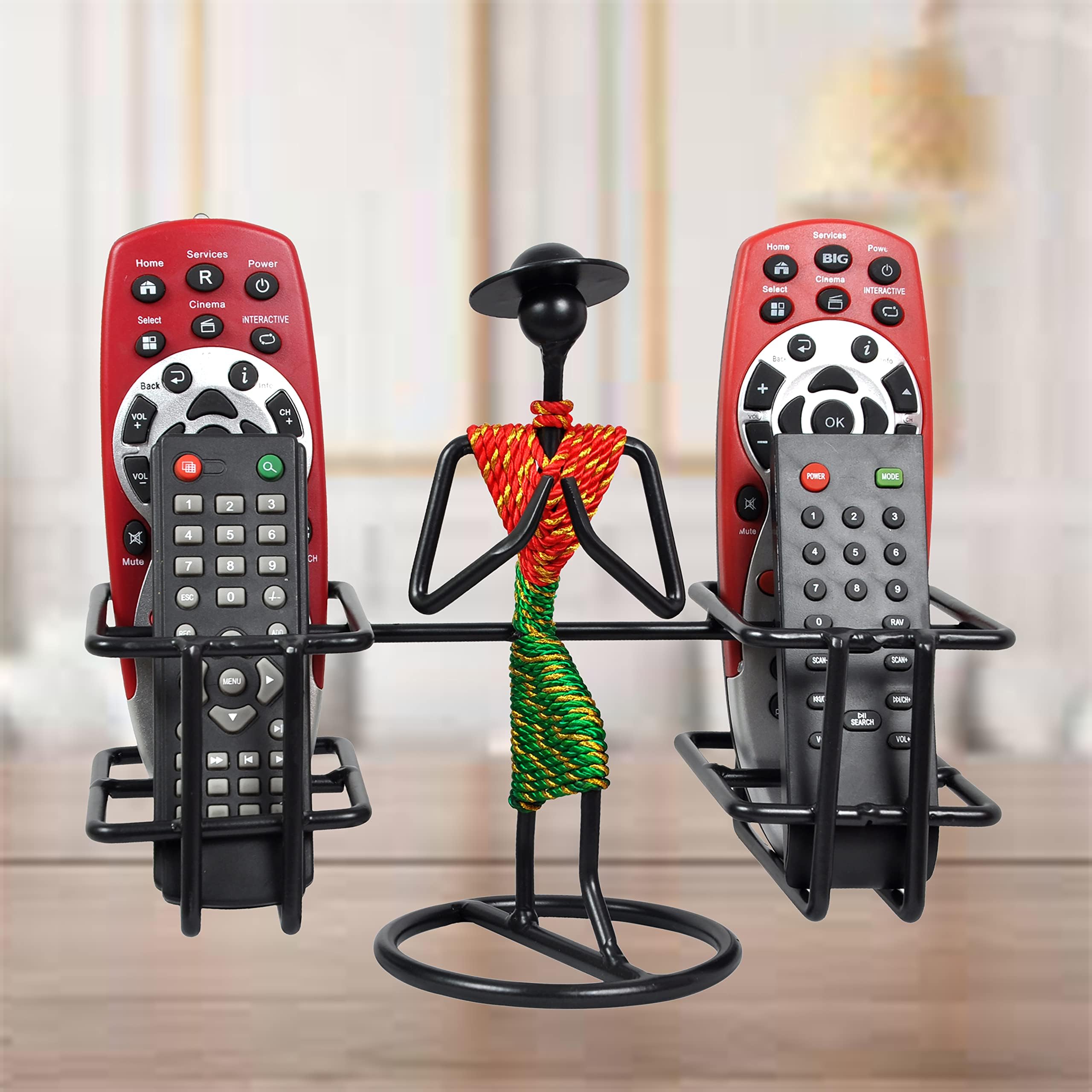 Sponsored Ad - D&V Engineering Metal Welcome Gesture Lady Design Remote Holder Stand Organizer for TV, AC, DVD & DTH Remotes (4-Slot) | Living Room Home Decor Showpiece | Red & Green