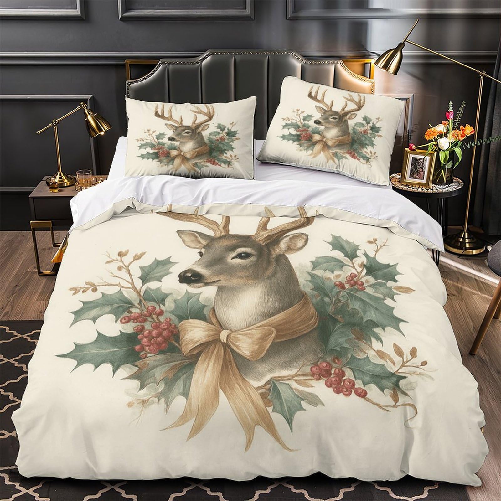 Housse de couette cerf de Noël lit single 135x200cm zippée