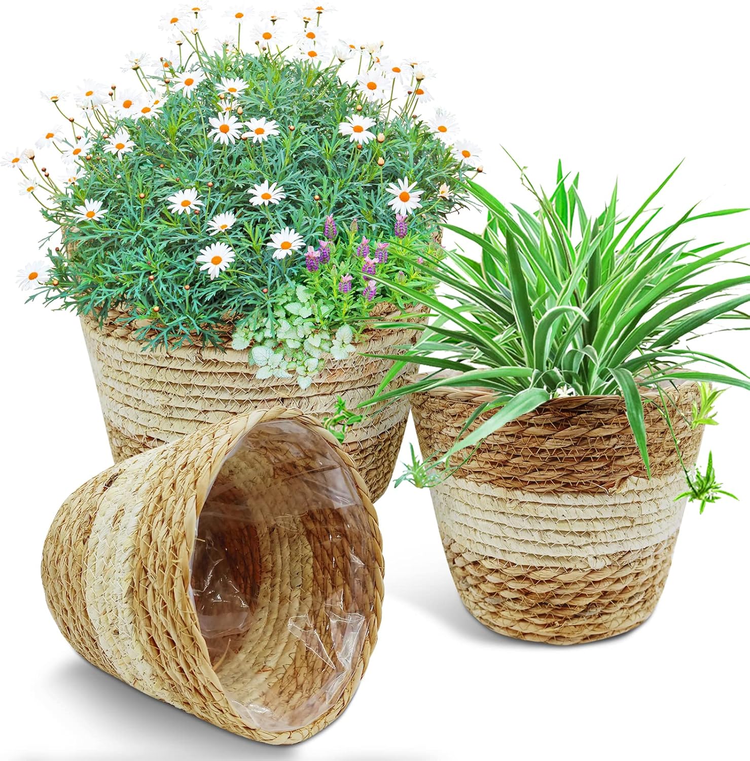 WAIZHIUA 3Pcs Woven Planter Basket with Liner, 3 Sizes Natural Seagrass