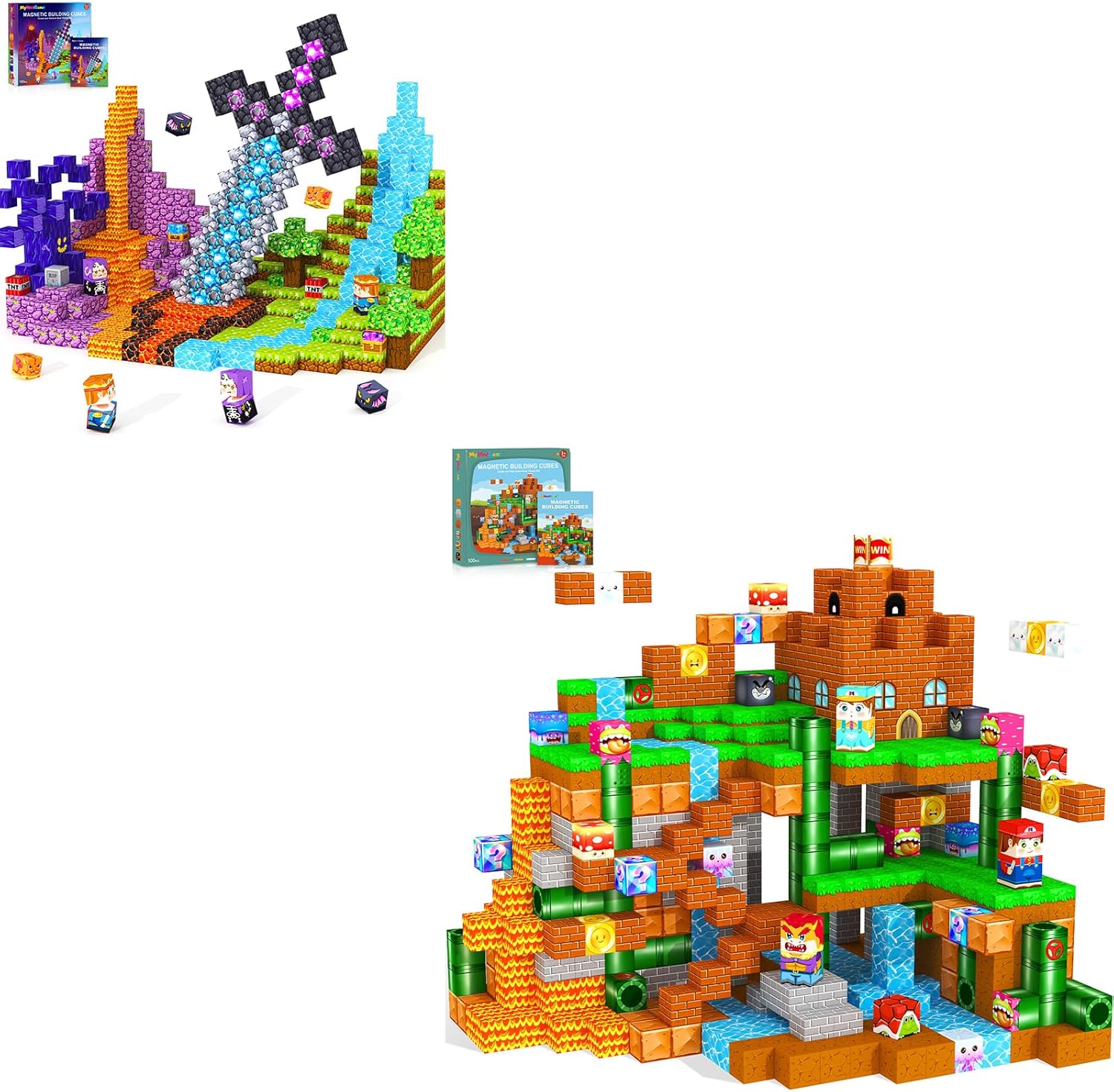 Magnetic Blocks Set Features Dual Themes: Forest Castle and Pipe Game, Magnetic Blocks Set Features Dual Themes: Forest and Volcano.