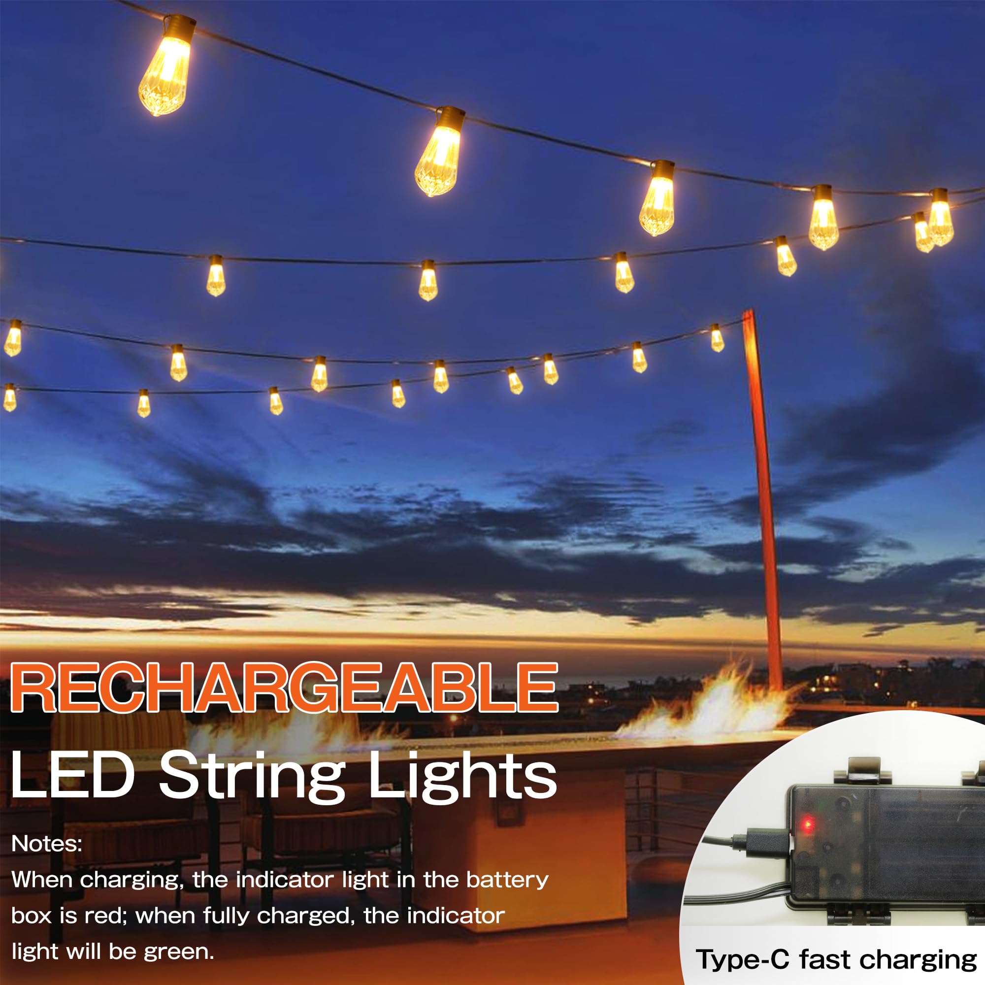 Guirlande lumineuse de jardin d'extérieur rechargeable à piles 5000 mAh étanche 9 m avec télécommande, portable pour terrasse, tonnelle, café