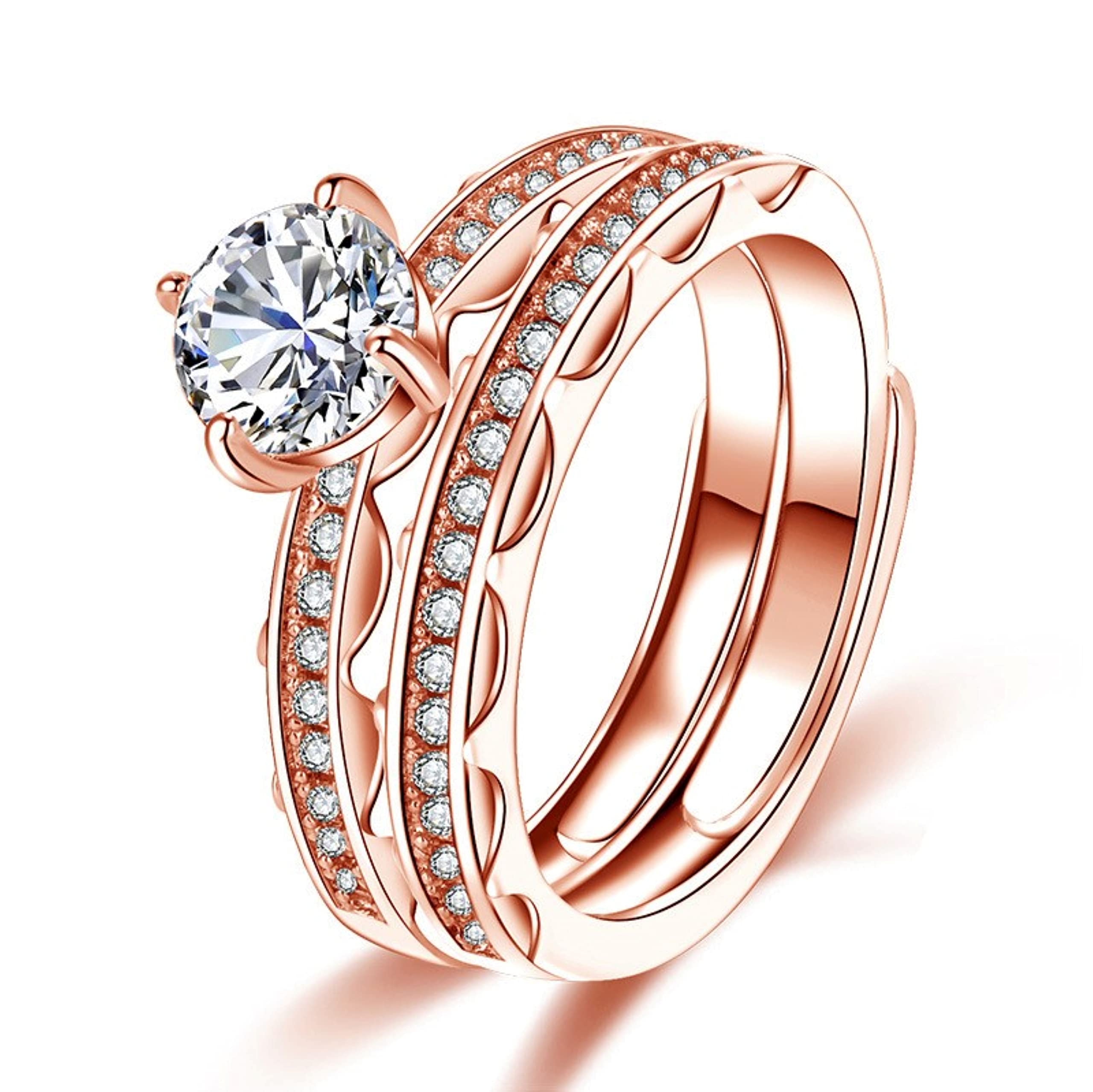 Bellitia JewelryAnillos Banda de Boda Compromiso Promesa de Plata Esterlina 925 Chapado Platino/Oro Rosa, Anillo Apilable Ajustable con Circonita Cúbica para Mujeres