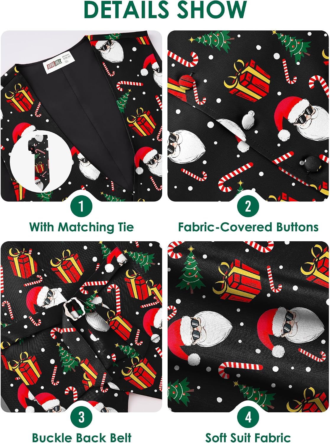 Arvilhill Men's Christmas Suit Vest with Tie Merry Pattern Business Party Festive Wear Set (S-3XL)