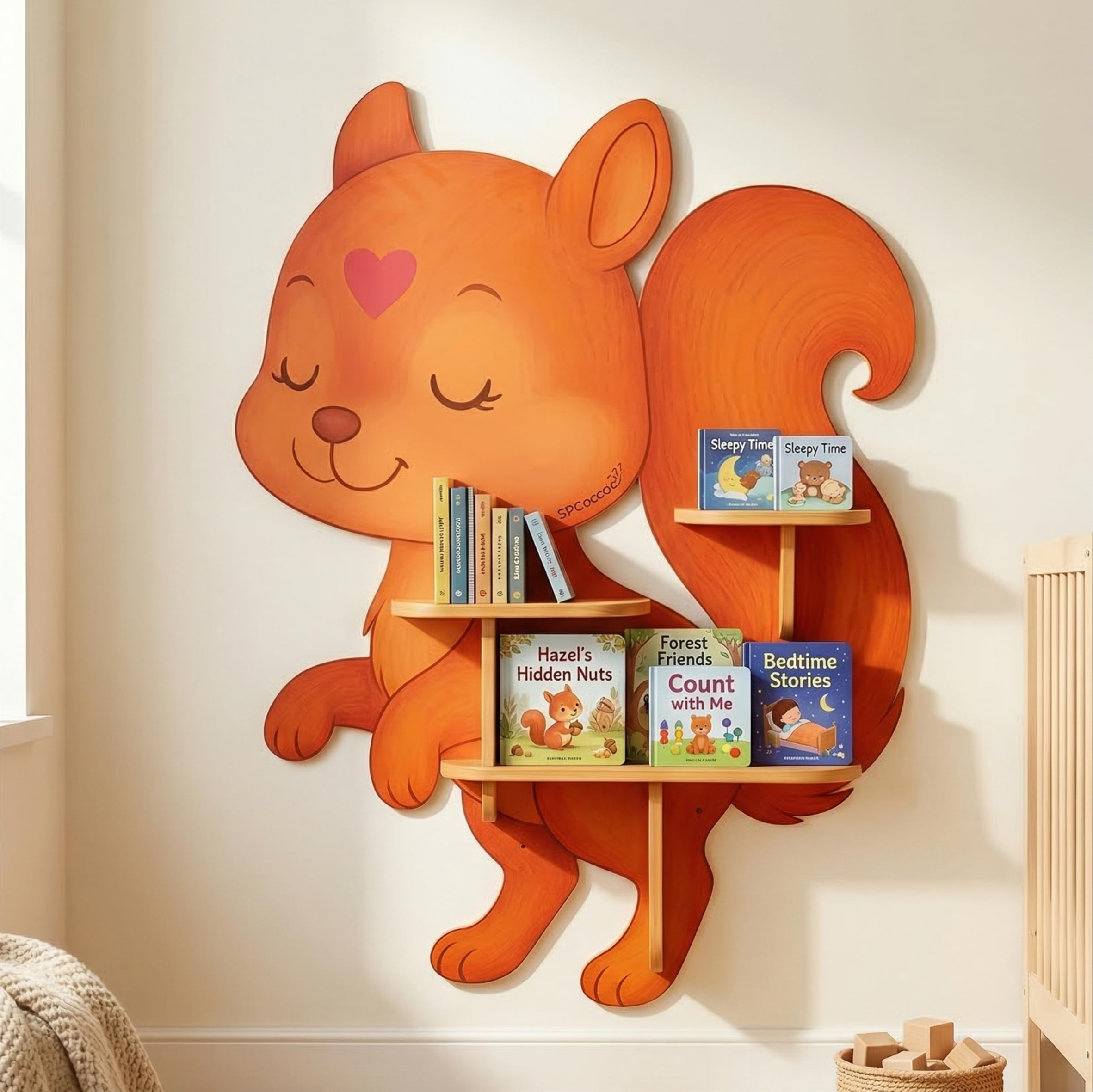 31" Squirrel Decorative Animal Wall Art &amp; Floating Shelf - Lightweight Safety Design - Wooden Wall Bookshelf for Kids Rooms, Floating Nursery Book Shelves Wall