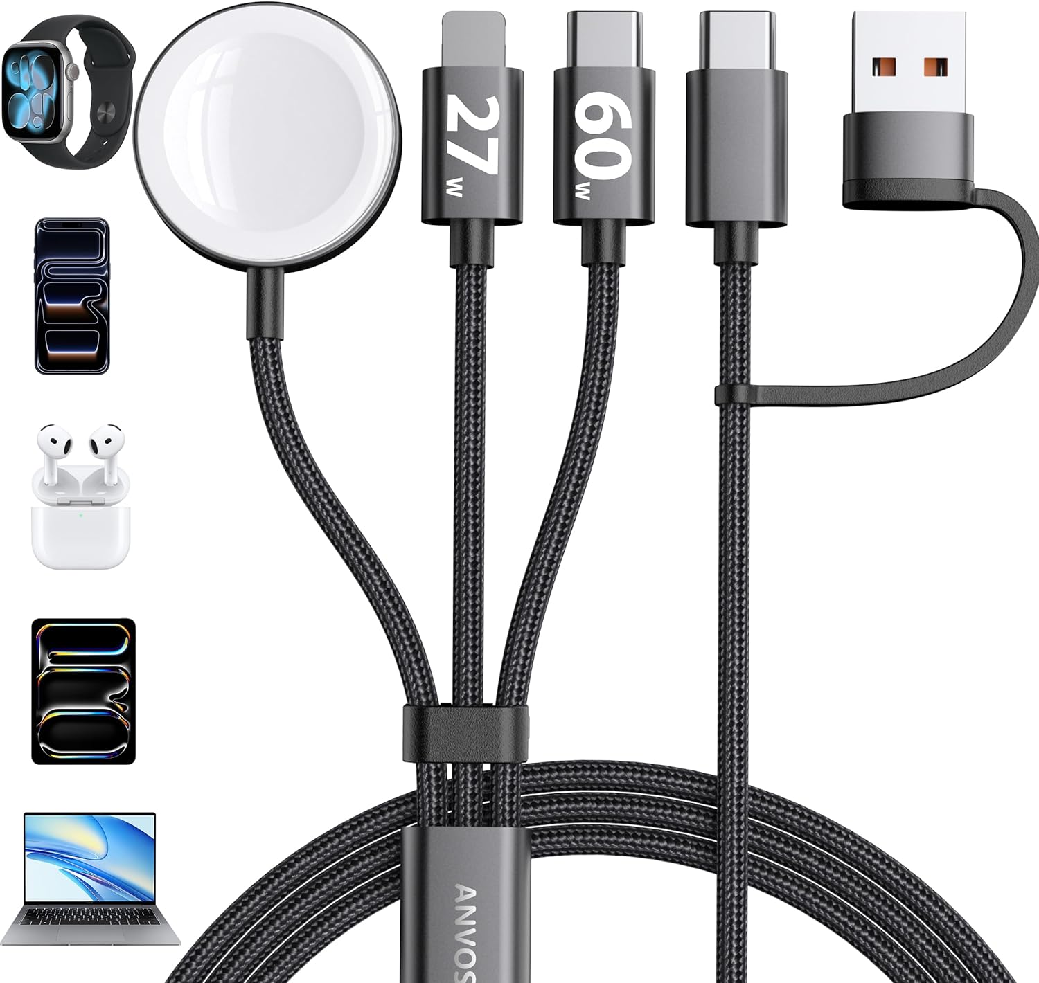 Apple Watch Charger Fast Charging, 60W 6 in 1 Portable Multi Charging Cable with USB-C, Lightning-Compatible, for iPhone 17–12, Apple Watch Series 1–11/SE/Ultra, Essentials for Car & Travel