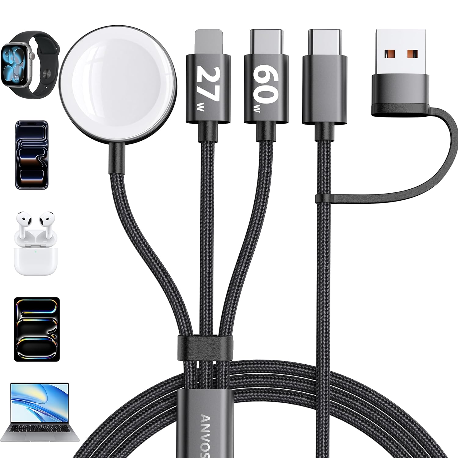 60W Fast Charging Cable for Apple Watch Charger 6-in-1 Portable Multi Charging Cable for iPhone 17 12 Apple