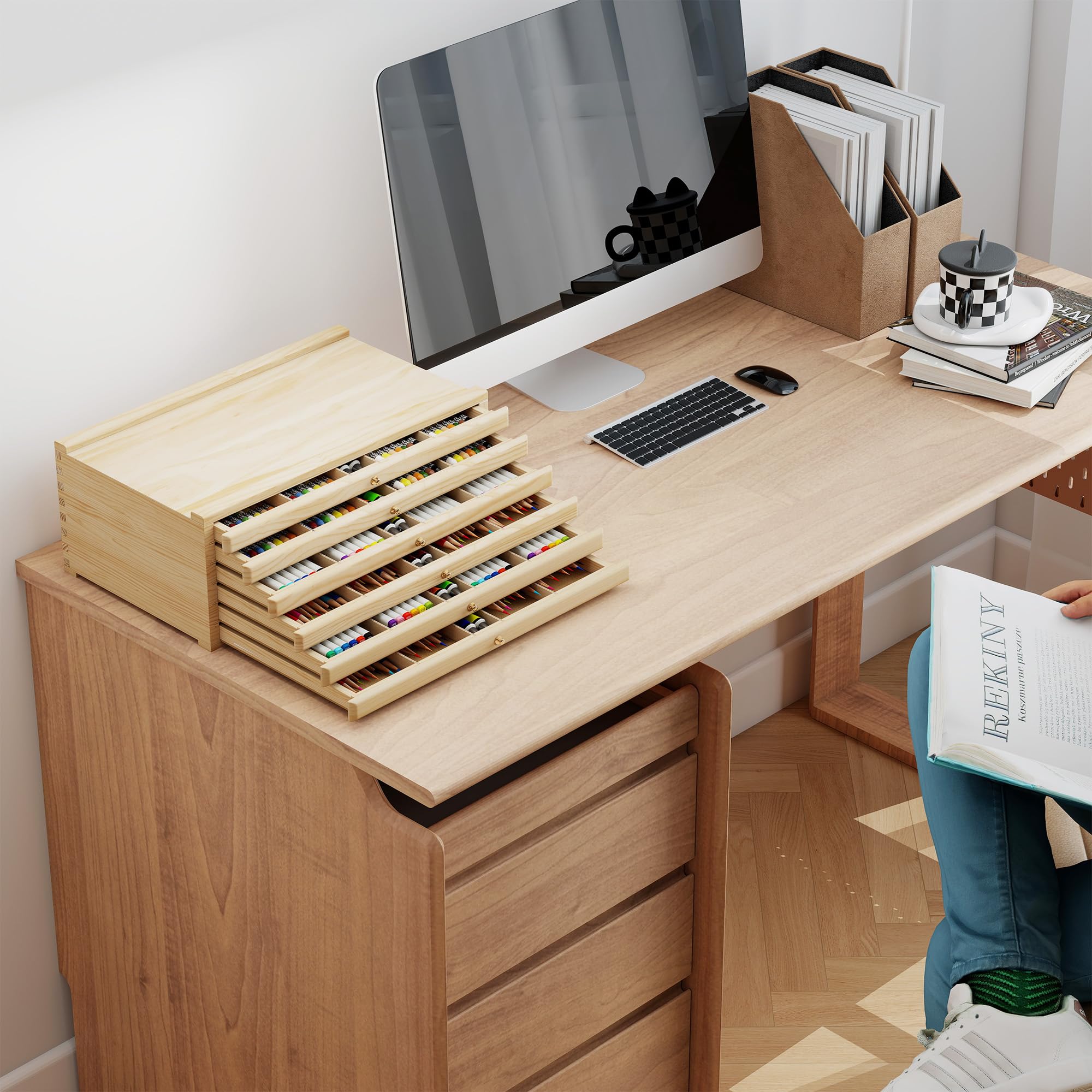 lesolar Aufbewahrungsbox für Künstler, 6 Schubladen, Buchenholz, mit herausnehmbaren Trennwänden, tragbarer Pinselhalter mit Schublade für Farben, Pastellfarben, Bleistifte, Pinsel und Kunstbedarf