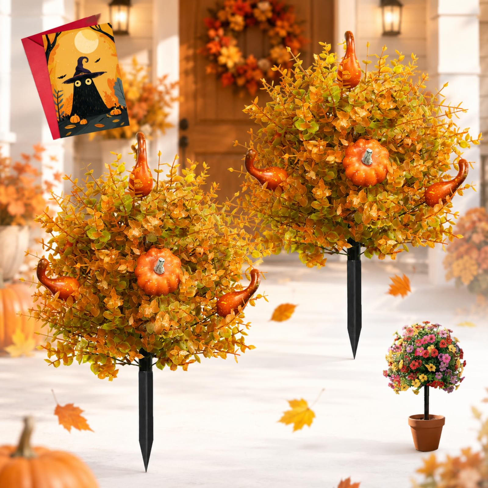 2 Pack Fall Pumpkin Topiary Trees with Stakes, 22" Outdoor Garden Stakes Decor with Orange Eucalyptus Leaves & Gourds, Fake Autumn Plant for Front Porch Pathway, Halloween & Thanksgiving Harvest (C)