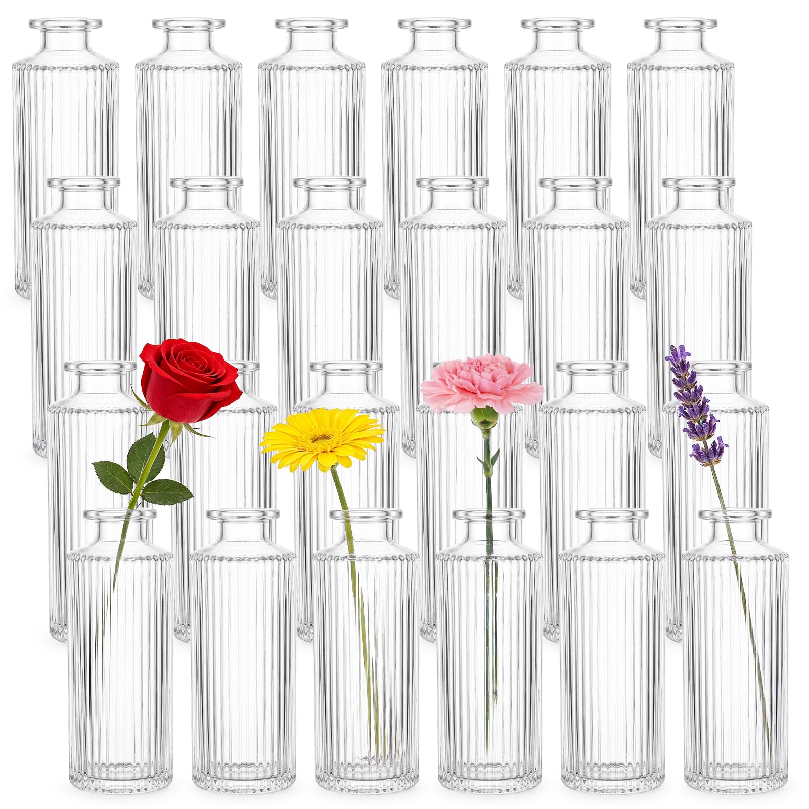 Photo 1 of Nicunom 24 Pcs Glass Bud Vases Set, Small Vintage Ribbed Bud Vase in Bulk Decorative Vases Clear Mini Flower Vase for Centerpiece, Table Decorations, Wedding Reception, Home Decor, and Events