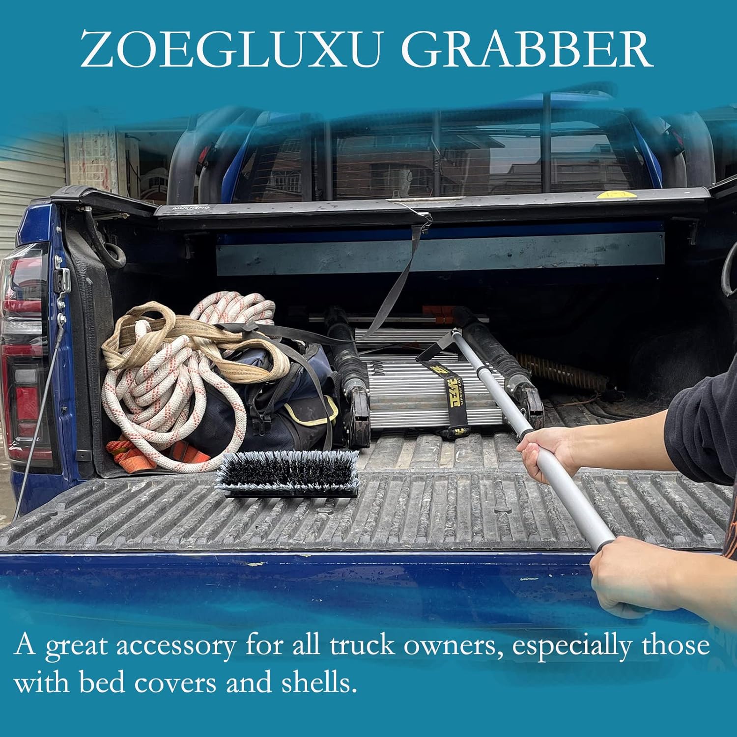 Cargo Retriever Hook, 6 ft Multi-Use Grabber Reach Tool with Debris & Snow Broom, Telescoping Pull Pole for Pickup Truck Bed, Heavy Duty Truck Bed Accessories