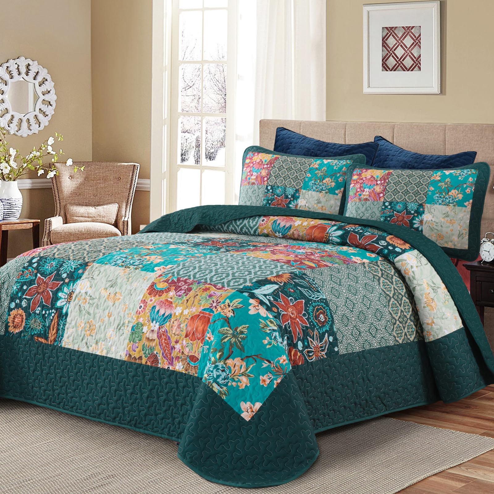 DJY Patchwork-Steppdecken-Set für King-Size-Betten, 3-teilig, grün, kariert, florales Muster, Boho-Türkis, rustikal, leicht, wendbar, für alle Jahreszeiten, 274 x 228 cm