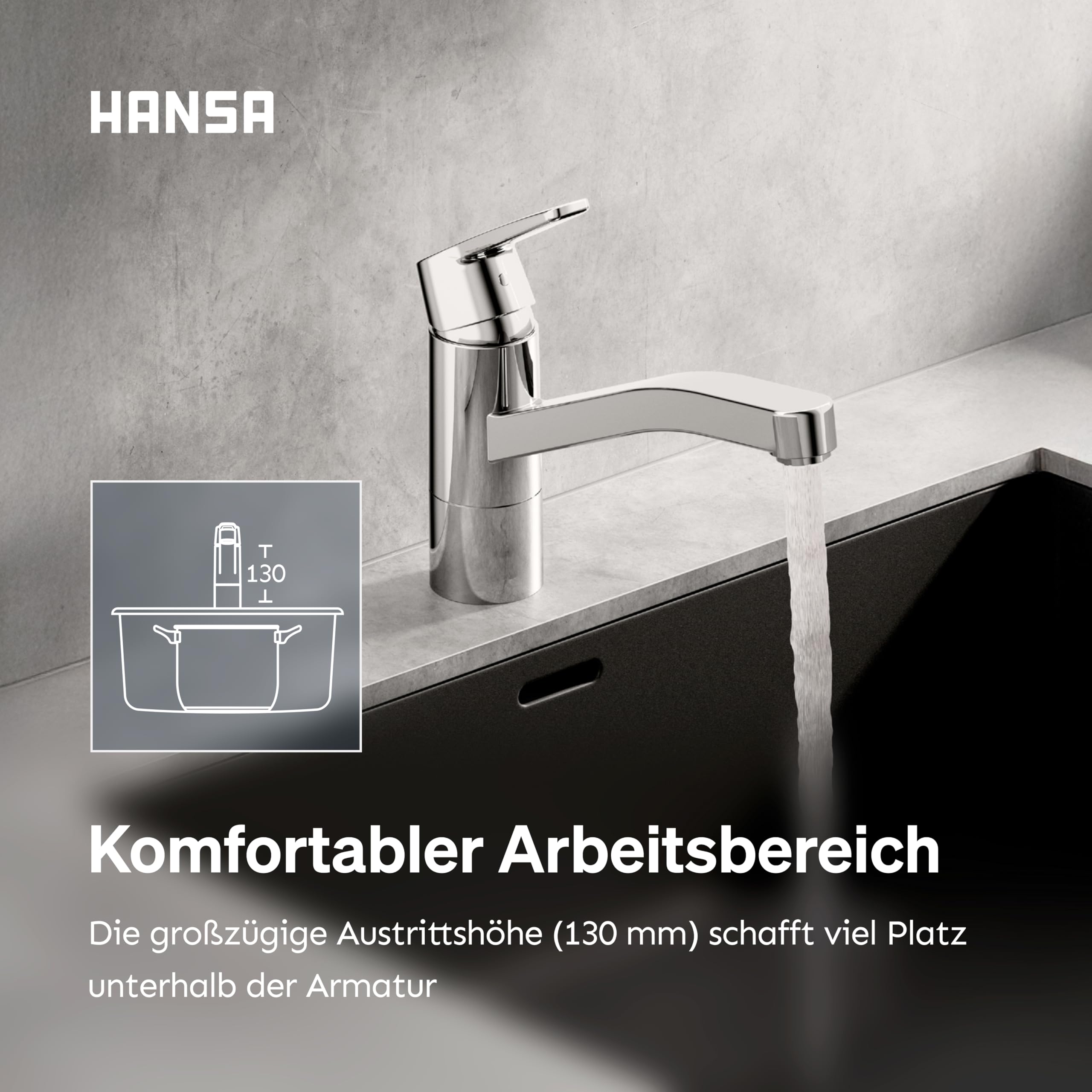 HANSA POLO Küchenarmatur Hochdruck | Armatur 120° schwenkbar I Hoher Auslauf für Töpfe | Wasserhahn Küche aus DZR-Messing I Temperatur & Durchflussbegrenzer I Schnelle Montage am Spülbecken | Chrom