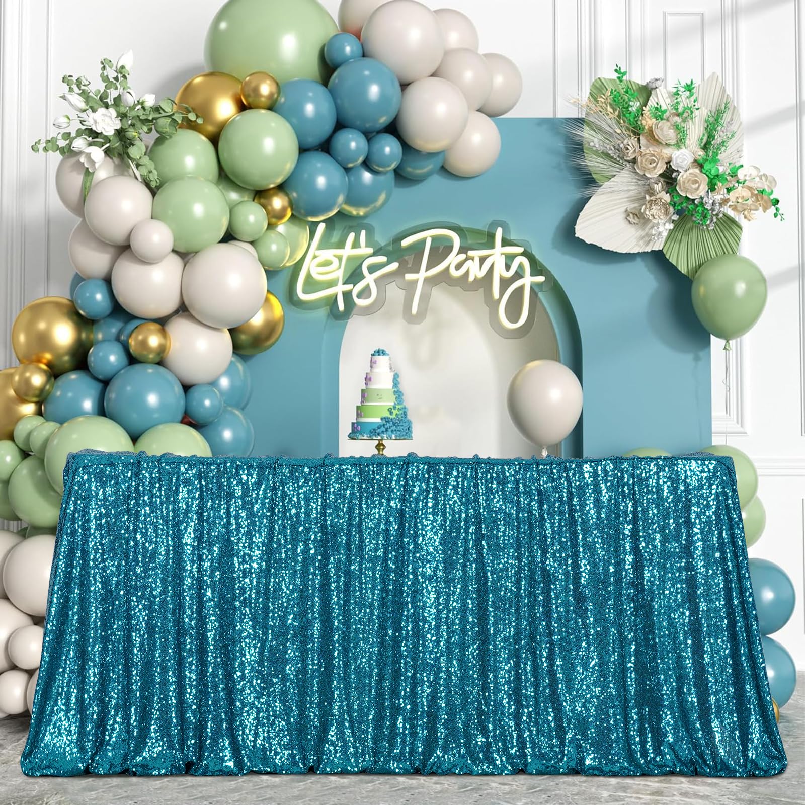 3E Home Teal Sequin Tablecloth 125X200cm (50X80 Inches), Oblong Glitter Table Cover For Party, Cake, Dessert Table, Wedding, Exhibition & Special Events