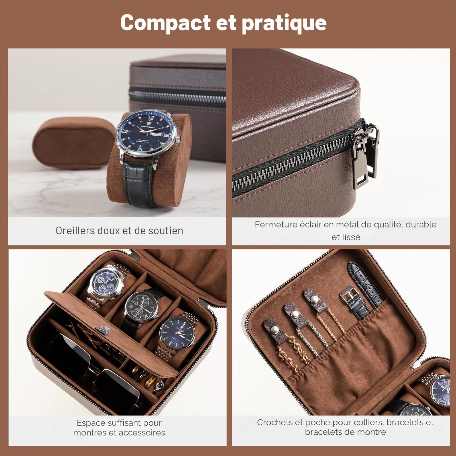 ProCase Boite Montre Voyage, Rangement Bijoux Portable Homme, avec 3 Emplacements Coussin Montre -Marron