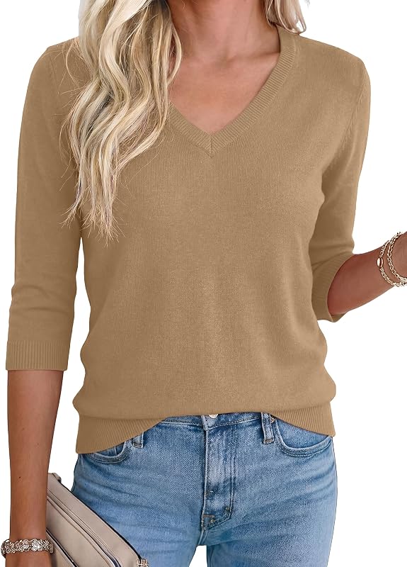 Totatuit Women's 3/4 Length Sleeve Wool Blend V Neck Sweater