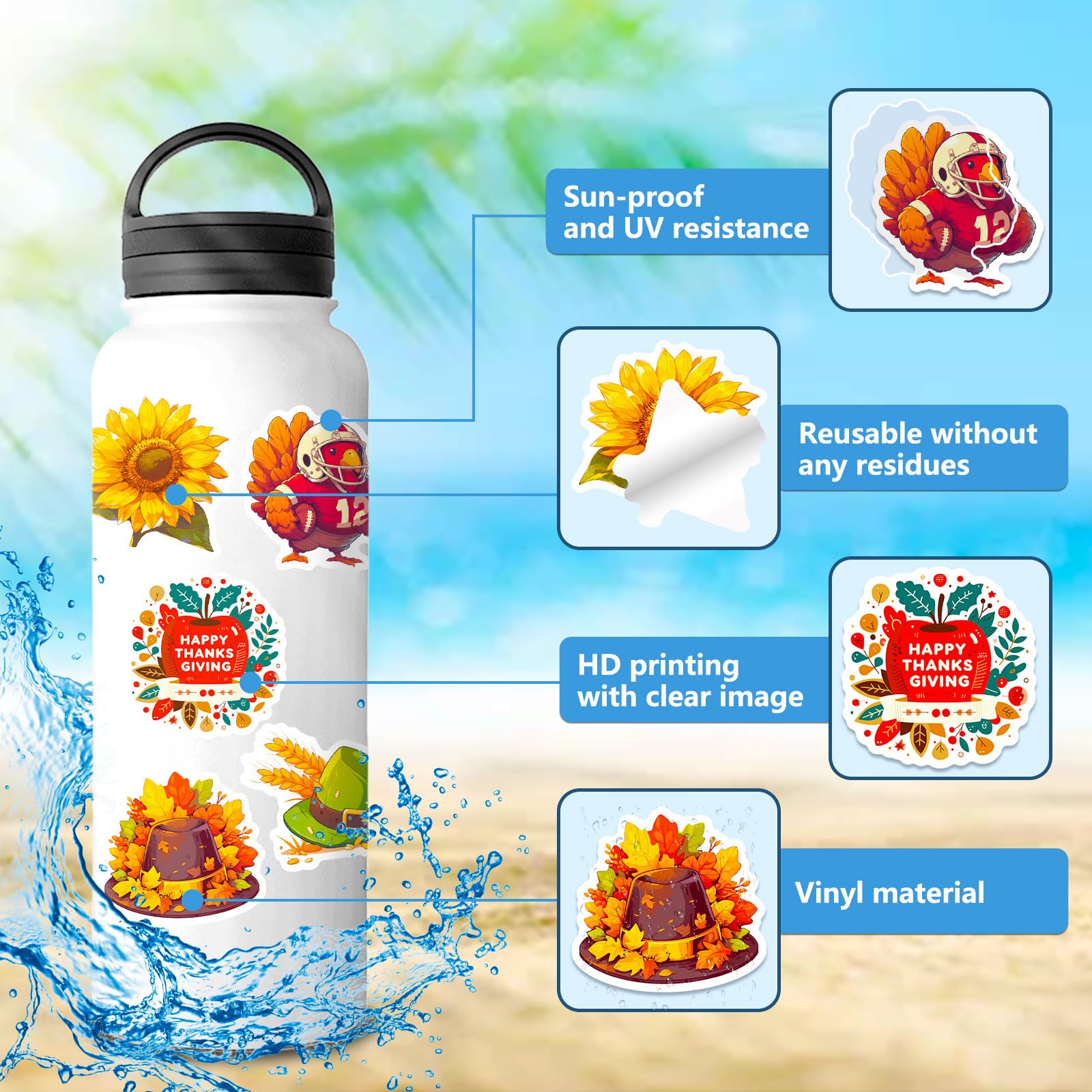 Lot De 100 Autocollants De Thanksgiving En Vinyle Pour Bouteilles D'eau