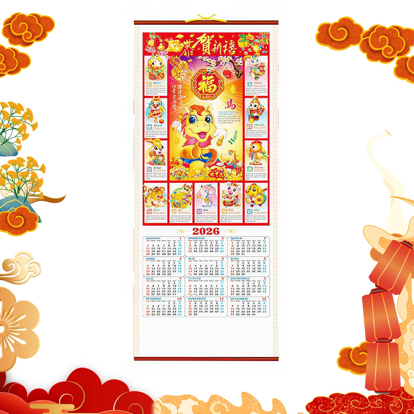 Chinese Calendars 2026 Year of Horse Chinese New Year Calendar Scroll Wall Calendar Daily Planner Scheduler Chinese New Year Hanging Calendar (E)