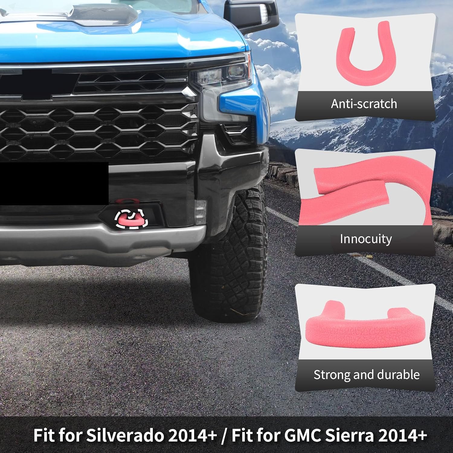 CheroCar Pink Tow Hook Cover Fit for 2007-2025 Chevy Silverado 1500 GMC Sierra Front Bumper Tow Hooks Rubber Protector Trim Tow Trailer Hitch Receiver Cover