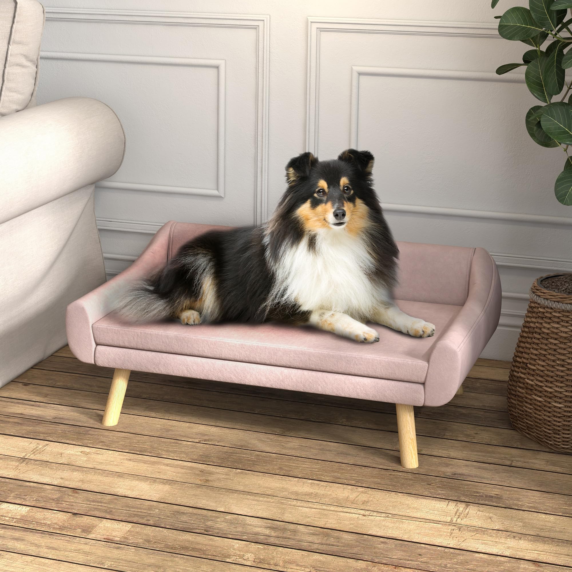 PawHut Divano per Cani Divano per Gatti con Schienale, Divano per Cani con Gambe in Legno, Divano per Animali Domestici con Cuscino, Letto per Cani di Taglia Media e Grande, Velluto, Rosa, 102 x 58,5
