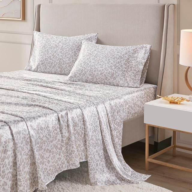 Madison Park Madison Park Essentials Satin Sheets Queen Bed Set, 4 Pcs, Taupe Leopard | Luxury and Smooth Silky Bedding with Natural Sheen, All Around Elastic 14" Pocket fits up to 16" Mattress, Year-Round Cozy, Taupe Leopard, Sheet Set 4PC, Queen