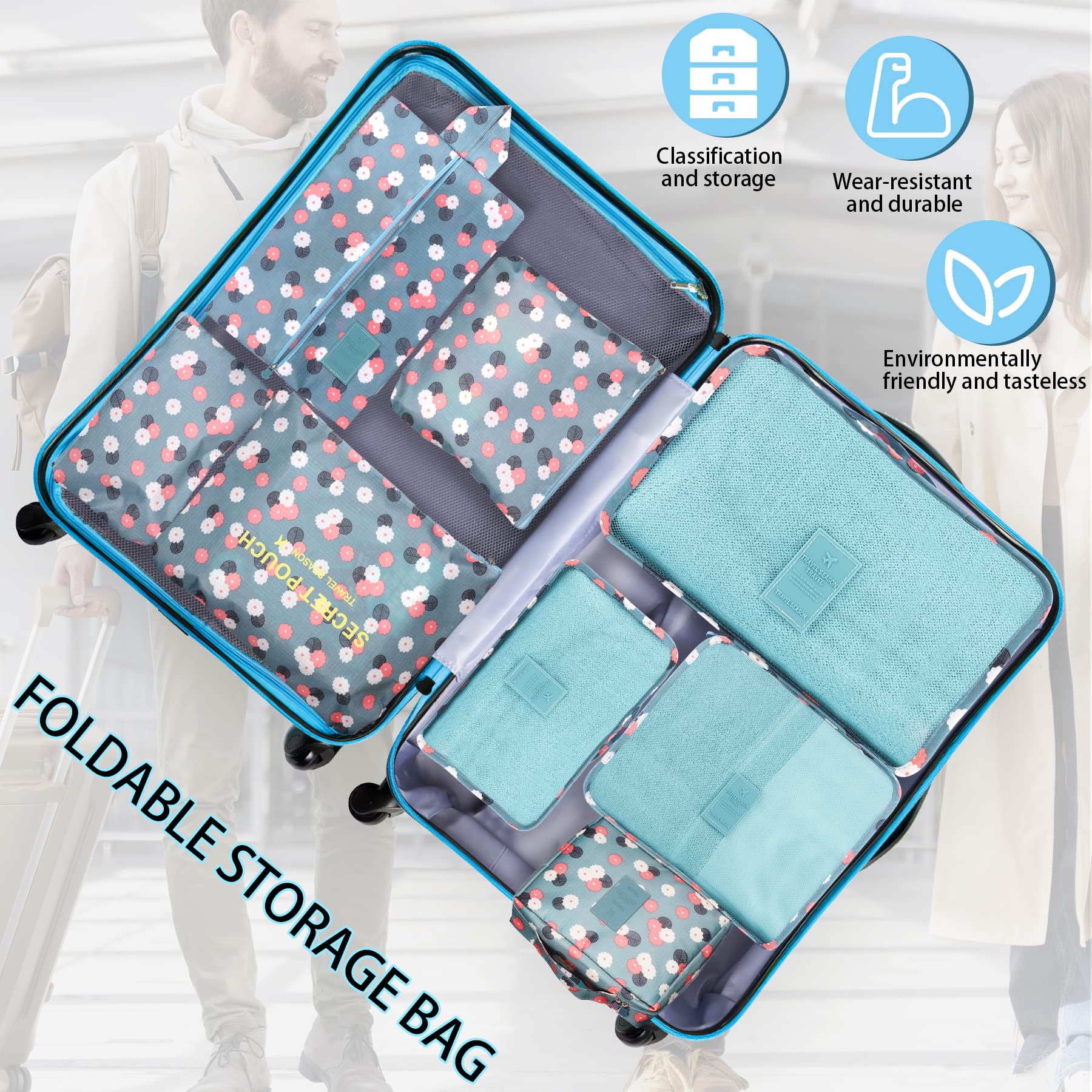 Coolzon Organizer Valigie Viaggio Set 8 Pezzi, Cubi di Imballaggio Perfect Storage Travel Luggage Organizer per i vestiti,Cosmetici,Scarpe,Intimo, Fiori Blu