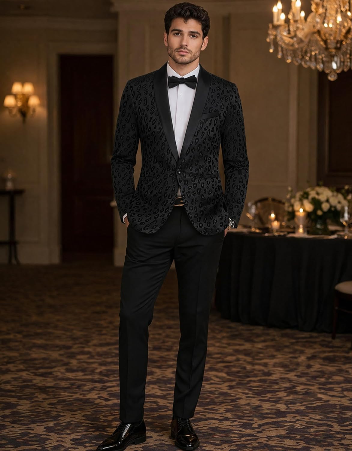Men's Black 2 Piece Tuxedo Suit Set, Slim Fit One Button Shawl Lapel Leopard Jacquard Suit for Prom Wedding Banquet