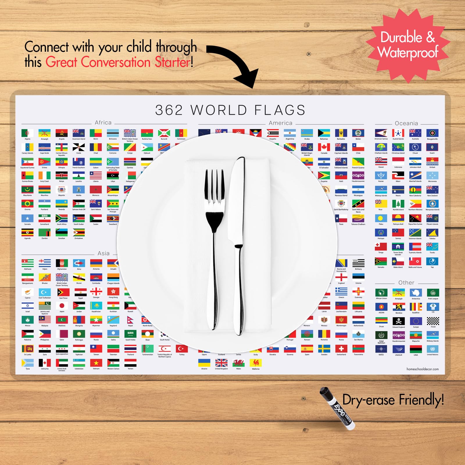 362 World Flags Placemat for Kids, World Map Learning, Continents, Waterproof Educational Placemat - 2 Sides - Image 3