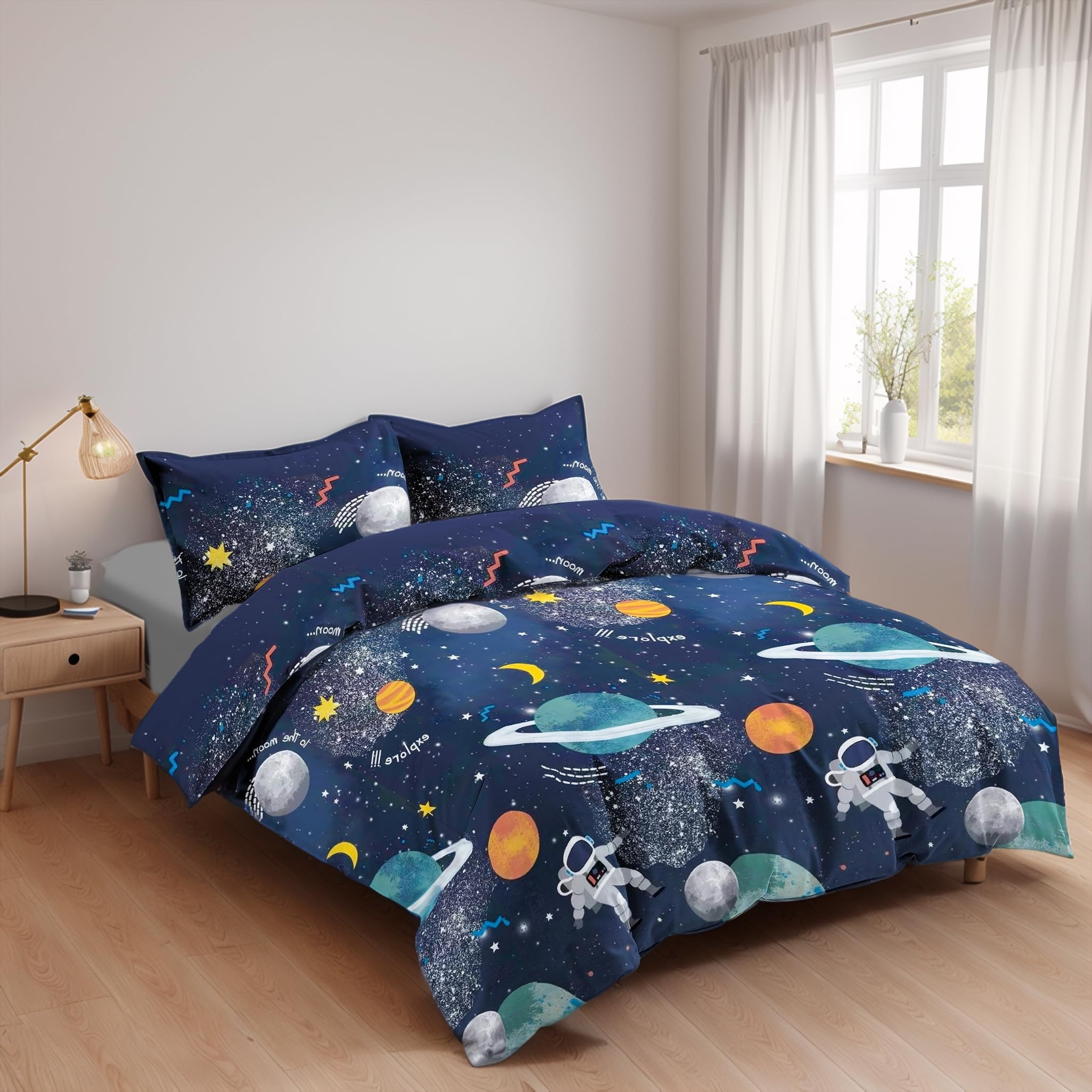 Juego de Funda Nórdica 3 Piezas Cama 105 Microfibra Suave Transpirable - 1 Funda Edredón 180x220 cm, 1 Bajera 105x200+28 cm y 1 Funda Almohada 50x130 cm (Galáctico)